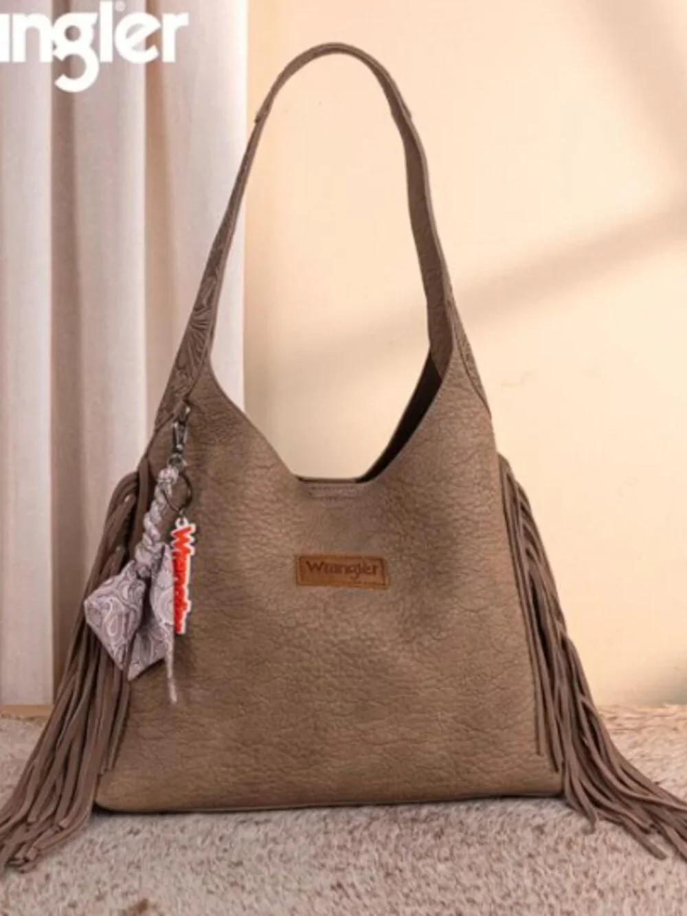 Wrangler Fringe Tooled Western Hobo Purse Khaki NWT